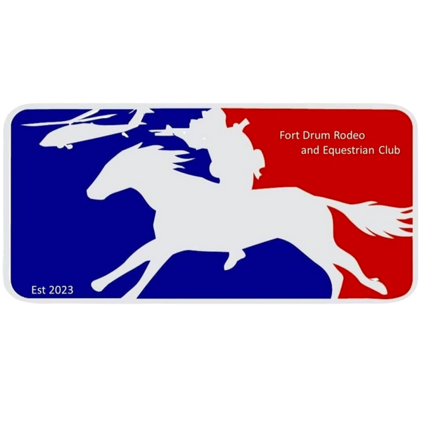 Logo for Fort Drum Rodeo and Equestrian Club with a horse and rider design on a blue and red background.